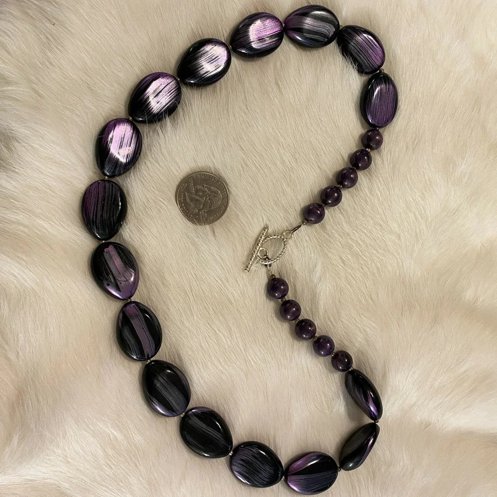 Retro Metallic Purple Necklace Painted Black Beads Y2K Disco Fairy Boho 4785